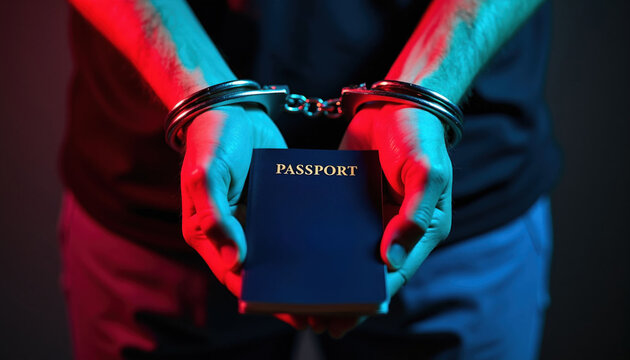 Man in handcuffs holds passport. Person detained with identity document. Law enforcement, crime, travel ban, border control, illegal act, justice concept.