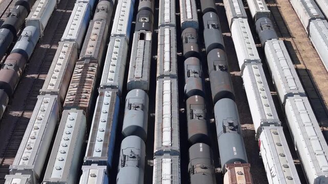 Aerial View of Rail Yard with assorted Train Cars
