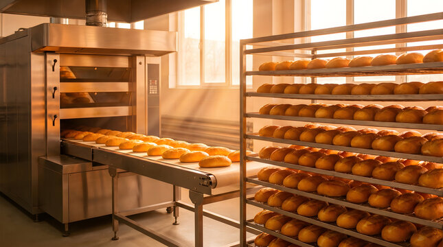 Freshly baked golden breads emerging from industrial production line in bakery factory