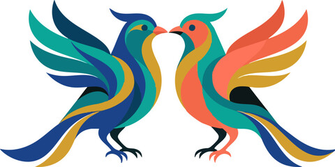 Fototapeta premium Stylized colorful birds vector illustration, vibrant pair of exotic birds with overlapping geometric feathers, modern flat art avian design for branding