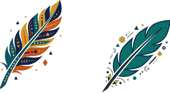 Bohemian tribal feather vector set, ethnic patterned bird feathers with geometric ornaments, decorative teal and orange quill illustrations