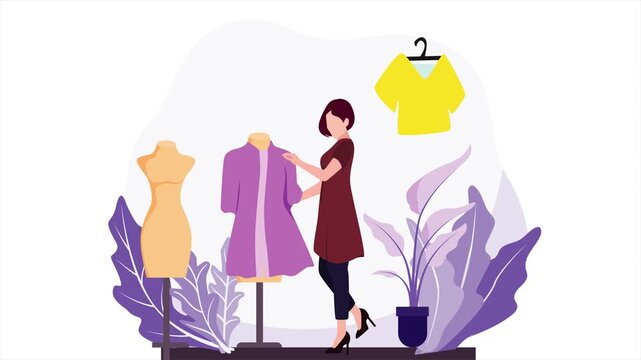 Custom Garment Tailoring and Fashion Design Atelier Animation: Female Dressmaker Adjusting Purple Coat on Mannequin in Studio, Lavender Abstract Background, Seamless Loop.