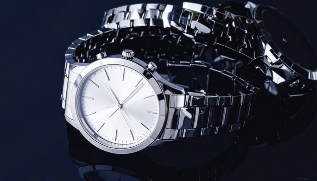 Silver chronograph watches and faceted gems on glossy black surface, reflecting elegance, precision, and timeless luxury.