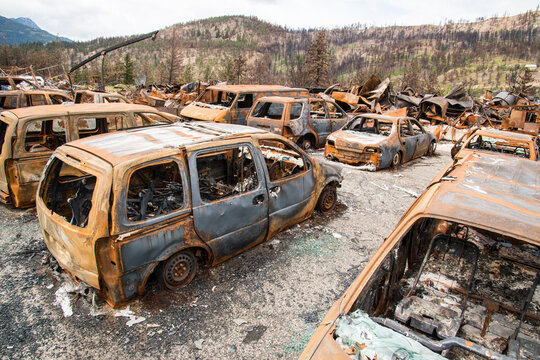 Canada, BC, Lytton, Jade Springs.  Burned remains of an old automobile scrapyard after wildfire swept through the area.