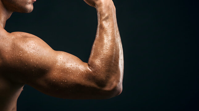 Strong male arm muscles in close-up with visible sweat droplets and defined contours
