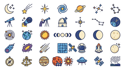 Corporate Flat Set of Space and Astronomy Icons with Telescopes Planets Satellites UFOs and Celestial Bodies © anjay