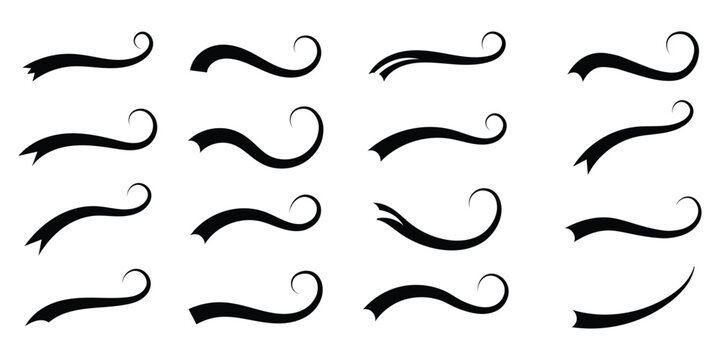 Swooshes text tails for baseball design. Sports swash underline shapes set in retro style. Swash and swoosh. Set of swooshes, swashes, and tails for typography design hand drawn decorative elements.