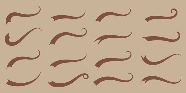 Vector brown swash swoosh tails flourish design elements. Curly swish tails and sporty plume swirl logo vector elements for retro banners. Swoosh and swash tails collection on isolated background.