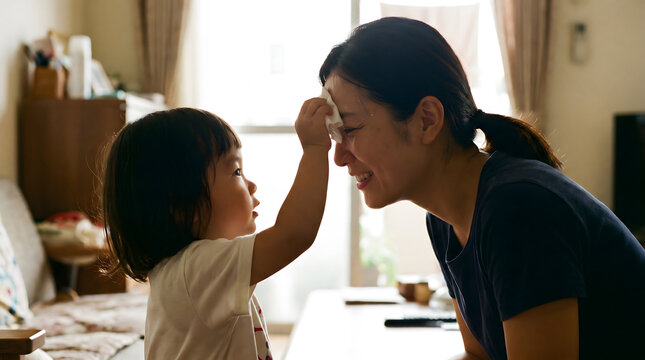 Little girl gently wipes sweat from her mother's forehead in a warm home setting