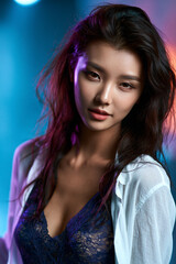 Fototapeta premium beautiful korean fashion model with vibrant pastel background, flawless korean beauty portrait with elegant styling, confident asian model in colorful studio portrait