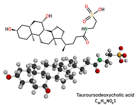 Tauroursodeoxycholic acid, TUDCA, ursodoxicoltaurine molecule. Bile acid taurine conjugate. Bone density conservation, neuroprotective, anti-inflammatory agent, apoptosis inhibitor, 3D render
