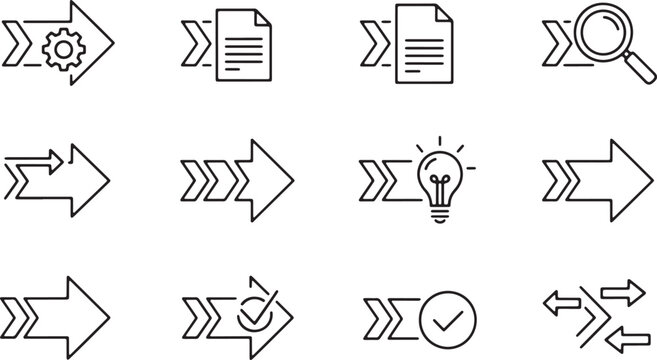 Arrow icons with business icons for workflow and process on transparent background.
