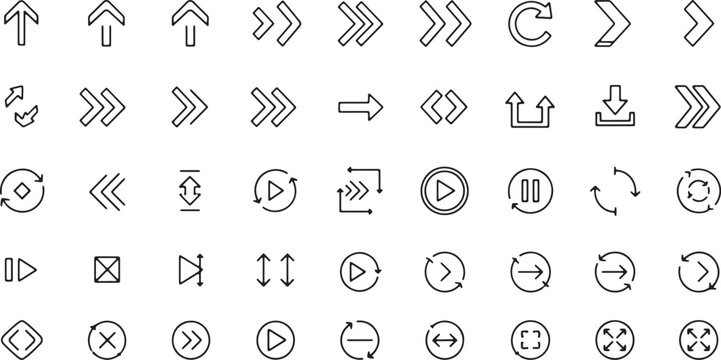Modern and abstract icons for navigation controls playback and actions on transparent background.