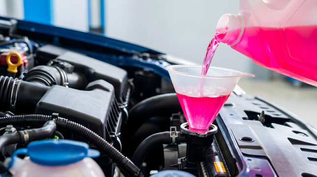 Adding pink coolant into a car engine using a funnel during maintenance