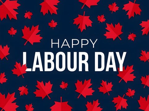 Happy Labour Day greeting with red maple leaves and bold typography on a dark blue background
