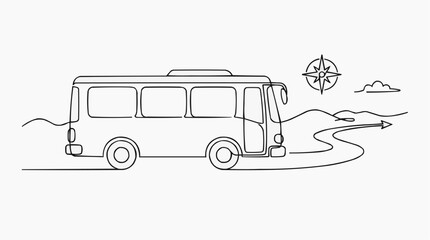 Obraz premium Bus trip on a winding road with a compass for the concept of adventure and travel.