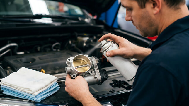 Mechanic spraying cleaner on throttle body component during automotive maintenance