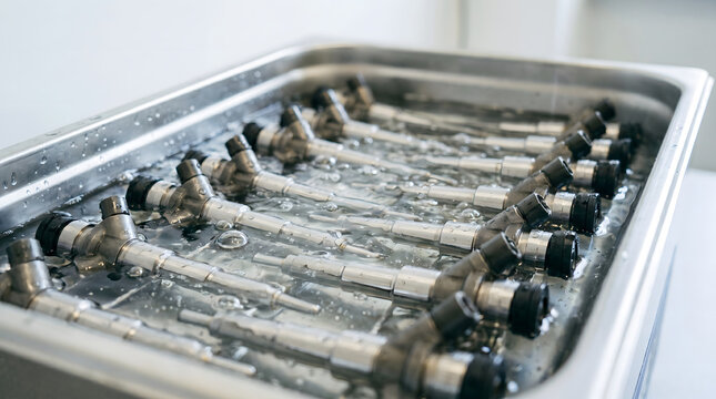 Metal endoscopic instruments submerged in disinfectant solution within a stainless steel tray