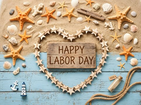 Happy Labor Day greeting with seashells starfish and nautical elements on a sandy beach