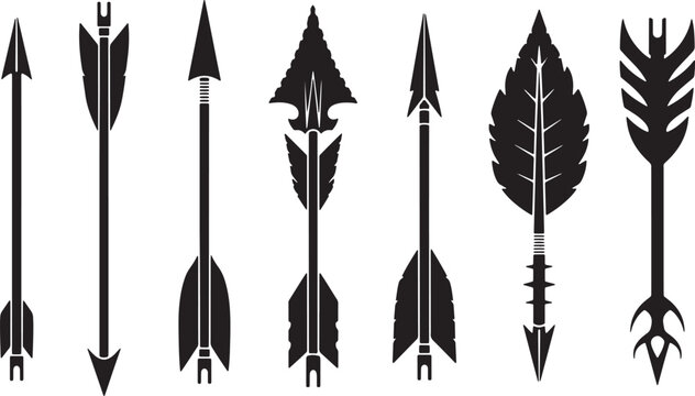 Set of seven ancient tribal arrow icons on transparent background.