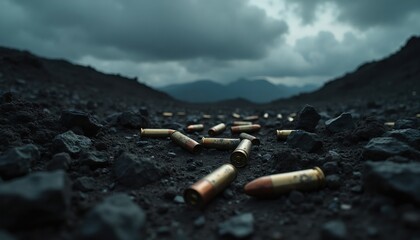 Fototapeta premium Scattered bullet shells lie on dark rocky ground with distant mountains under a cloudy sky. The harsh terrain suggests aftermath of conflict or violence.