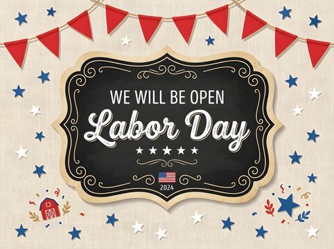 Labor Day sale announcement with patriotic stars and stripes on a burlap background