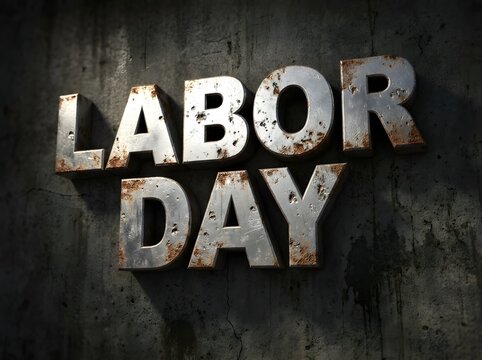 Labor Day typographic lettering with rusted metal texture against a concrete wall background