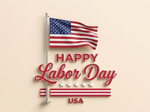 American flag waving with Labor Day greeting and stars on a beige background
