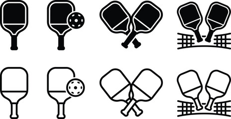 pickleball paddle icon collection vector set with net court and ball silhouette symbols © Sumaya