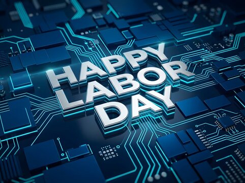 Happy Labor Day text on a futuristic circuit board background with blue lighting effects
