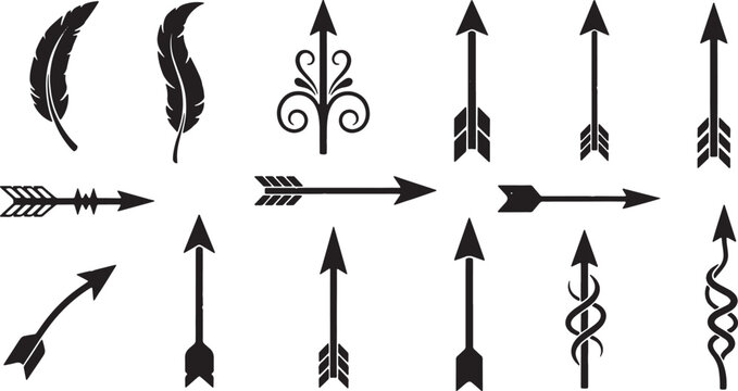 Decorative arrows and feather quills on transparent background vector illustration art.
