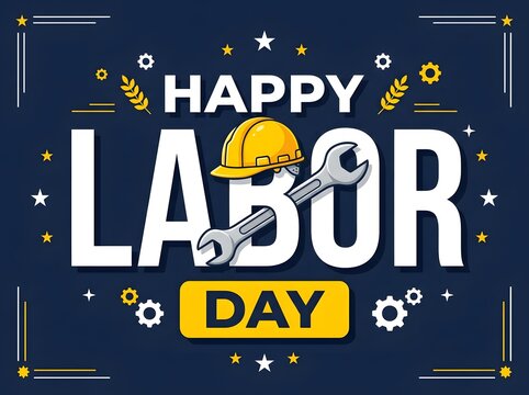 Happy Labor Day vector illustration with wrench and helmet on a blue background