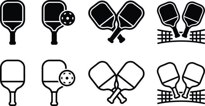 pickleball paddle icon collection vector set with net court and ball silhouette symbols