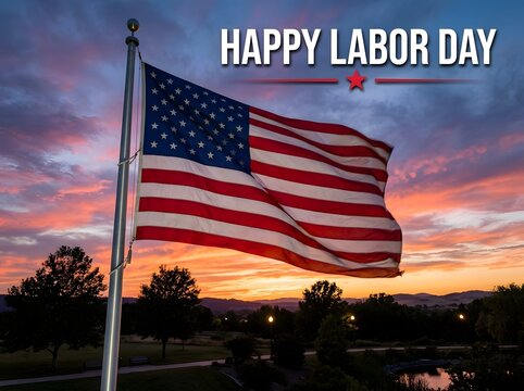 American flag waving proudly against a vibrant sunset with Happy Labor Day text overlay