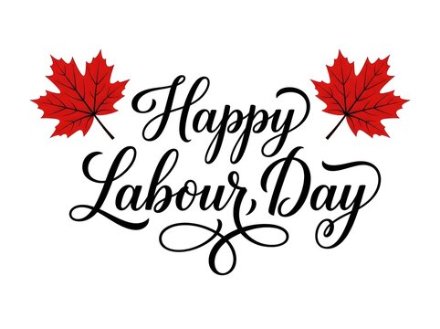 Happy Labour Day calligraphy with red maple leaves and elegant lettering design