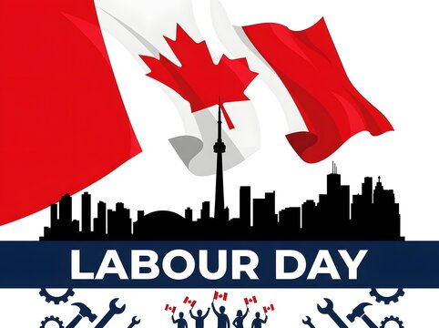 Canadian flags waving with Toronto skyline and Labour Day text on a blue background