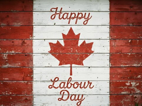 Happy Labour Day message painted on a rustic wooden Canadian flag with a maple leaf