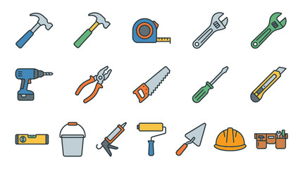 Obraz premium Creative Colorful Set of 18 Essential Hand Tools and Safety Gear for DIY and Construction Projects
