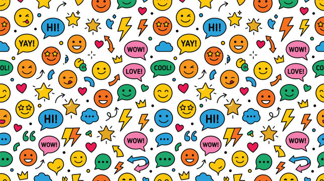 Colorful seamless vector illustration featuring various expressive emoji faces speech bubbles stars hearts lightning bolts and crowns arranged in a playful pattern on a clean white background 
