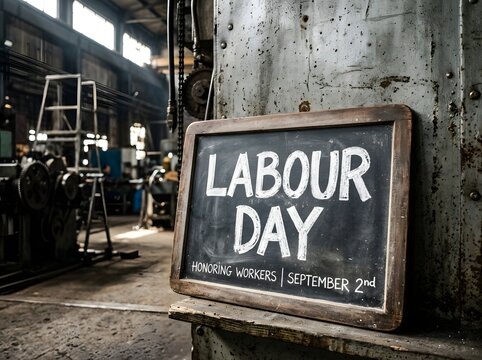 Labour Day chalkboard sign hanging in an old industrial factory setting honoring workers