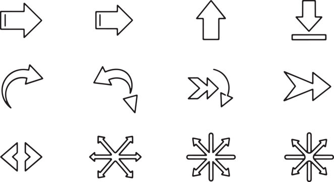 Simple line art icons of various arrow types and radial starbursts on transparent background.