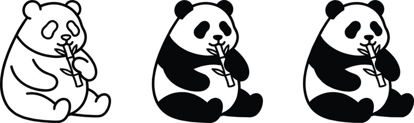 Cute giant panda eating bamboo icons set featuring outline and black filled vector designs © razia