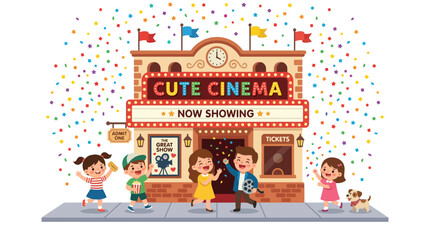 Children in front of a cute cinema building.