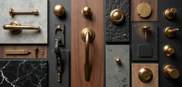 Assortment of brass door hardware and material samples including wood stone and metal. Collection features different handles knobs and plates. Samples show black grey and brown tones.