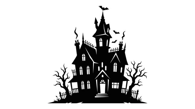 Haunted house silhouette with bats and dead trees.
