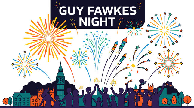 Colorful fireworks over London skyline for Guy Fawkes Night celebration.