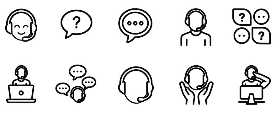 Online Support Assistance Icons with Customer Service Agents, Technical Solutions and Client Help Symbols Vector Designs