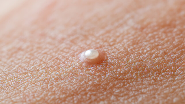 Close-up of a flesh-colored skin lesion, a white dome-shaped papule on skin texture, highlighting dermatological conditions or health issues