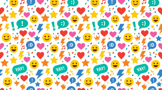 Seamless vector graphic pattern featuring vibrant colorful emojis hearts stars speech bubbles and lightning bolts arranged in a playful repeating design suitable for modern digital backgrounds 