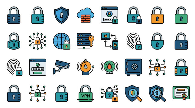 Dynamic Collection of Colorful Cybersecurity and Data Protection Icons Featuring Locks Shields Networks and Authentication Symbols
